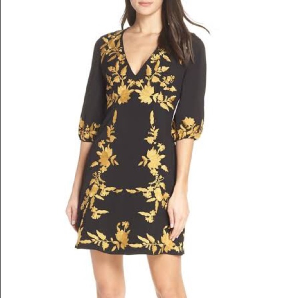 Foxiedox black v neck dress w/ golden embroidery
